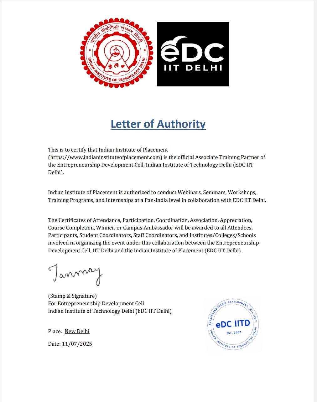 Letter of Authority from EDC IIT Delhi